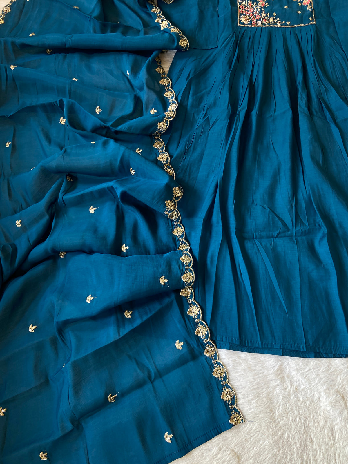 HandWork Work Mul Chanderi ALine Kurti With Semi Palazzo And Dupatta. Silk Suit Sets For Women Online India. Shop the Latest Festive Summer Collection at Shivani Designer Kurti.