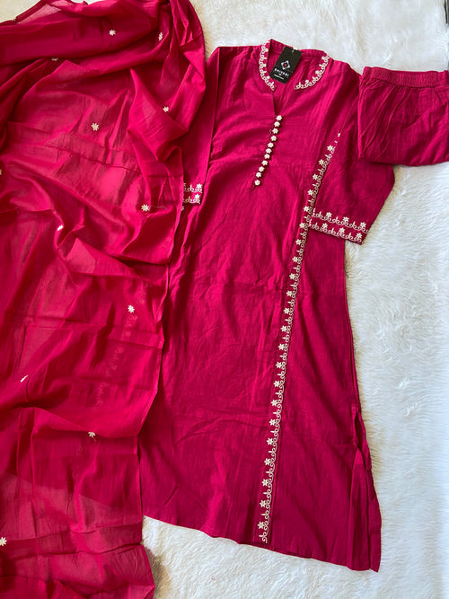 White Embroidery Work In Kurti With Aline Flair, And Matching Pant And Dupatta, Cotton Aline Suit Sets For Women