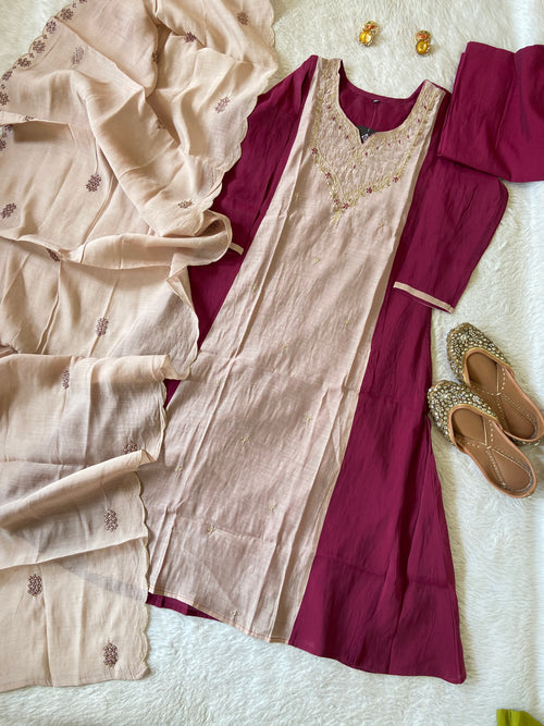 Hand Work Aline Kurti With Palazzo And Dupatta. Silk Suit Sets For Women Online India. Shop the Latest Festive Summer Collection at Shivani Designer Kurti.