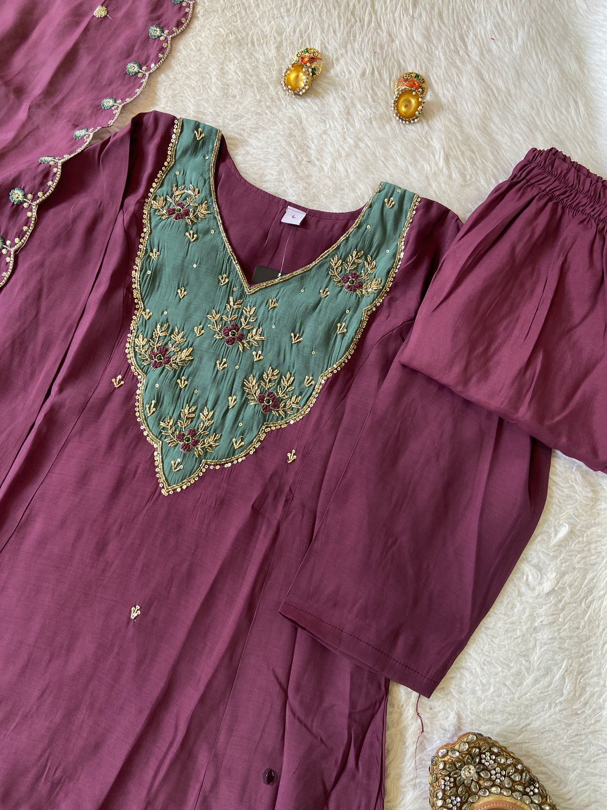 Hand Work Aline Kurti With Palazzo And Dupatta. Silk Suit Sets For Women Online India. Shop the Latest Festive Summer Collection at Shivani Designer Kurti.
