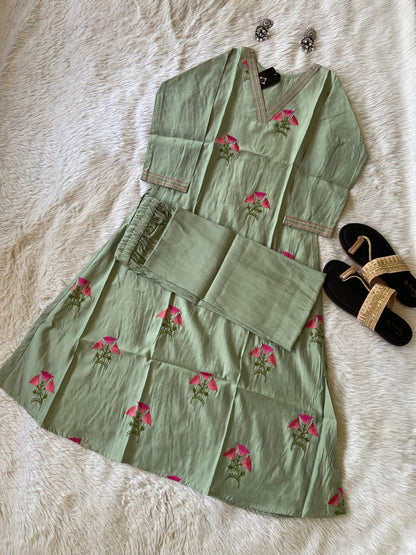 VNeck Silk Aline Kurti With Patching Palazzo, Silk Aline Kurti Sets For Women