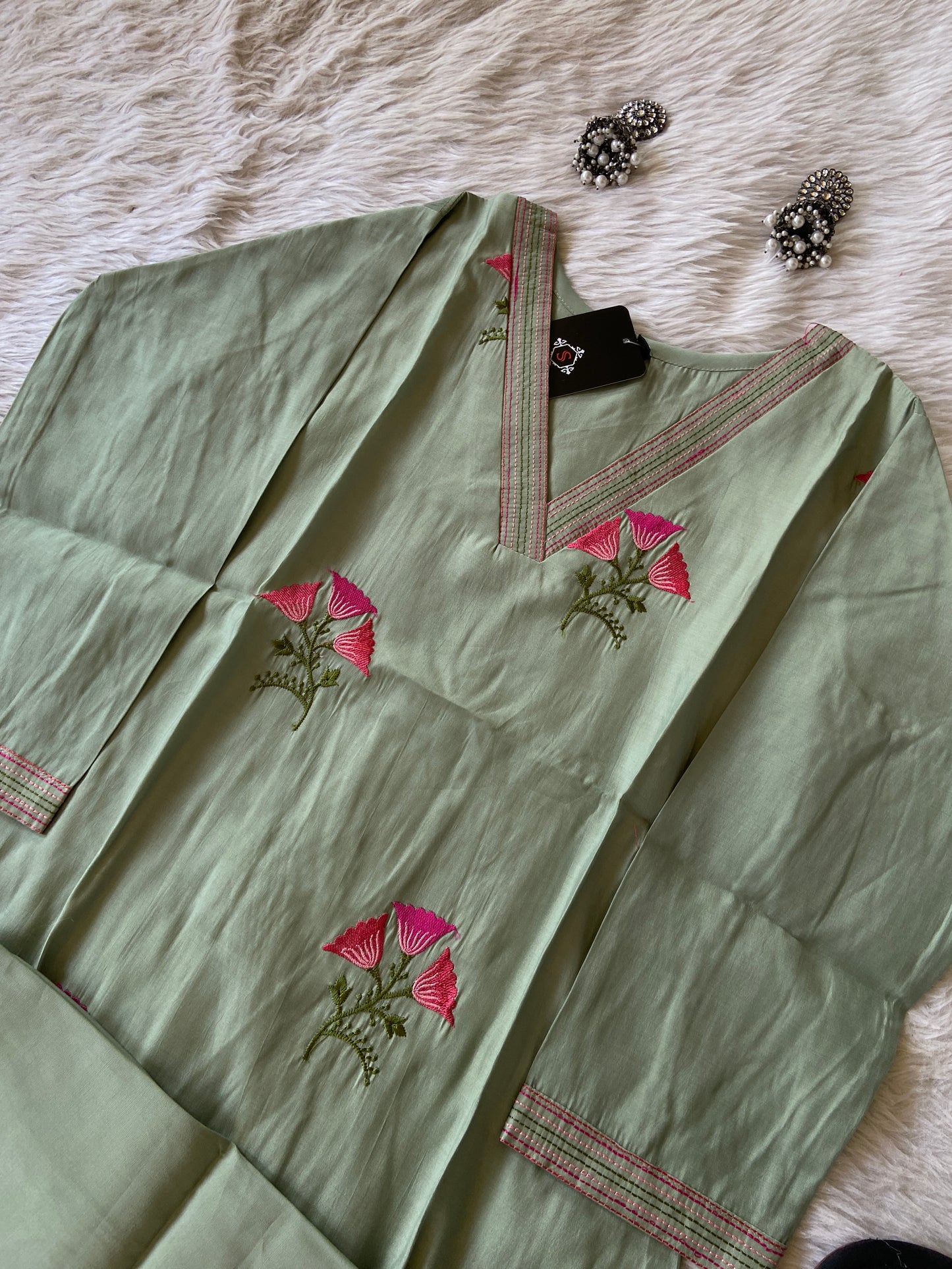 VNeck Silk Aline Kurti With Patching Palazzo, Silk Aline Kurti Sets For Women