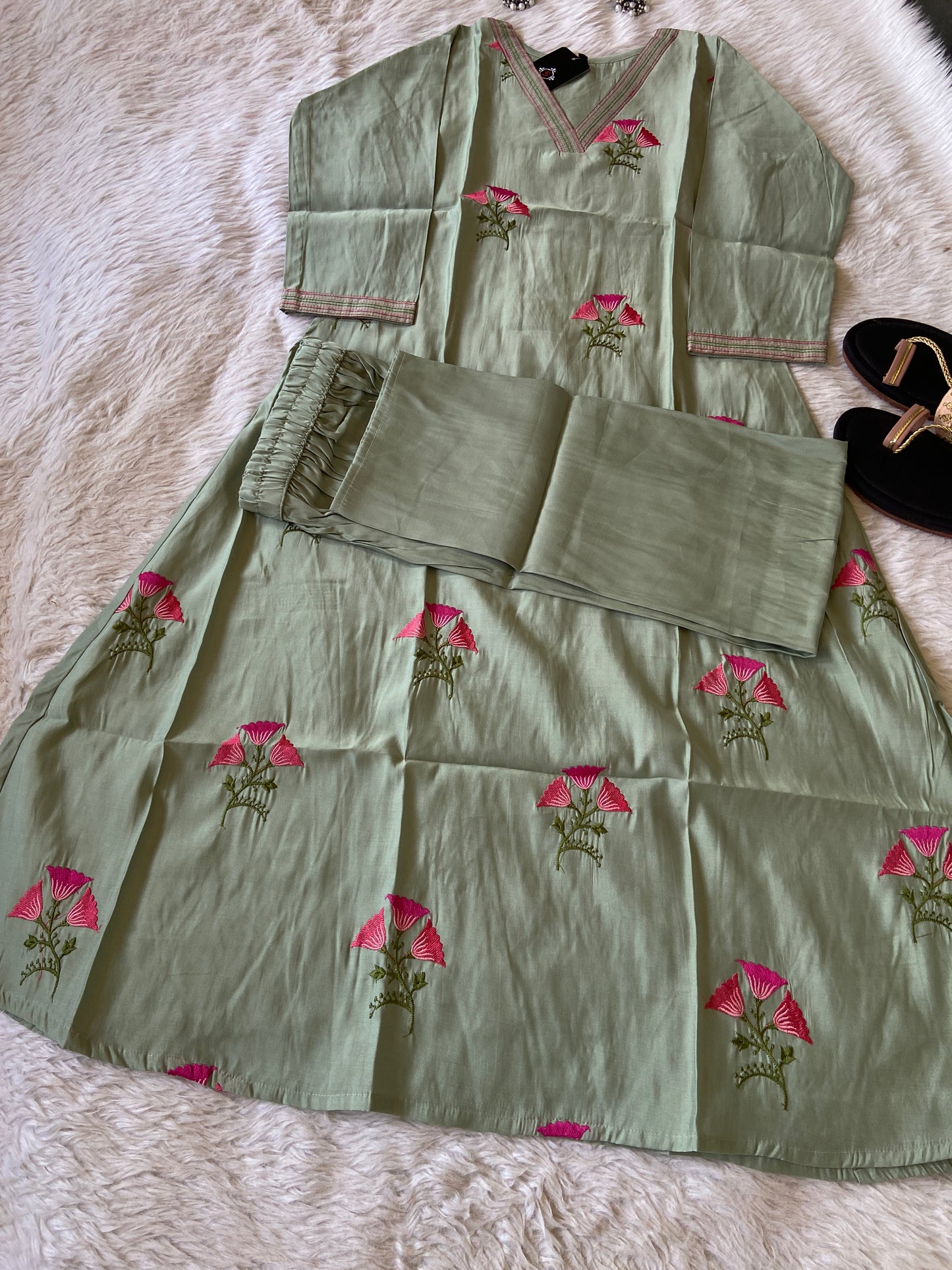 VNeck Silk Aline Kurti With Patching Palazzo, Silk Aline Kurti Sets For Women