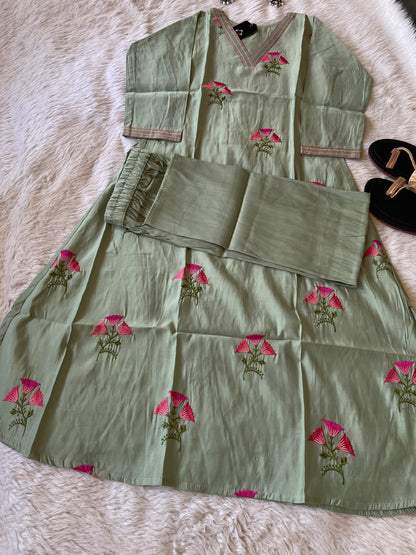 VNeck Silk Aline Kurti With Patching Palazzo, Silk Aline Kurti Sets For Women