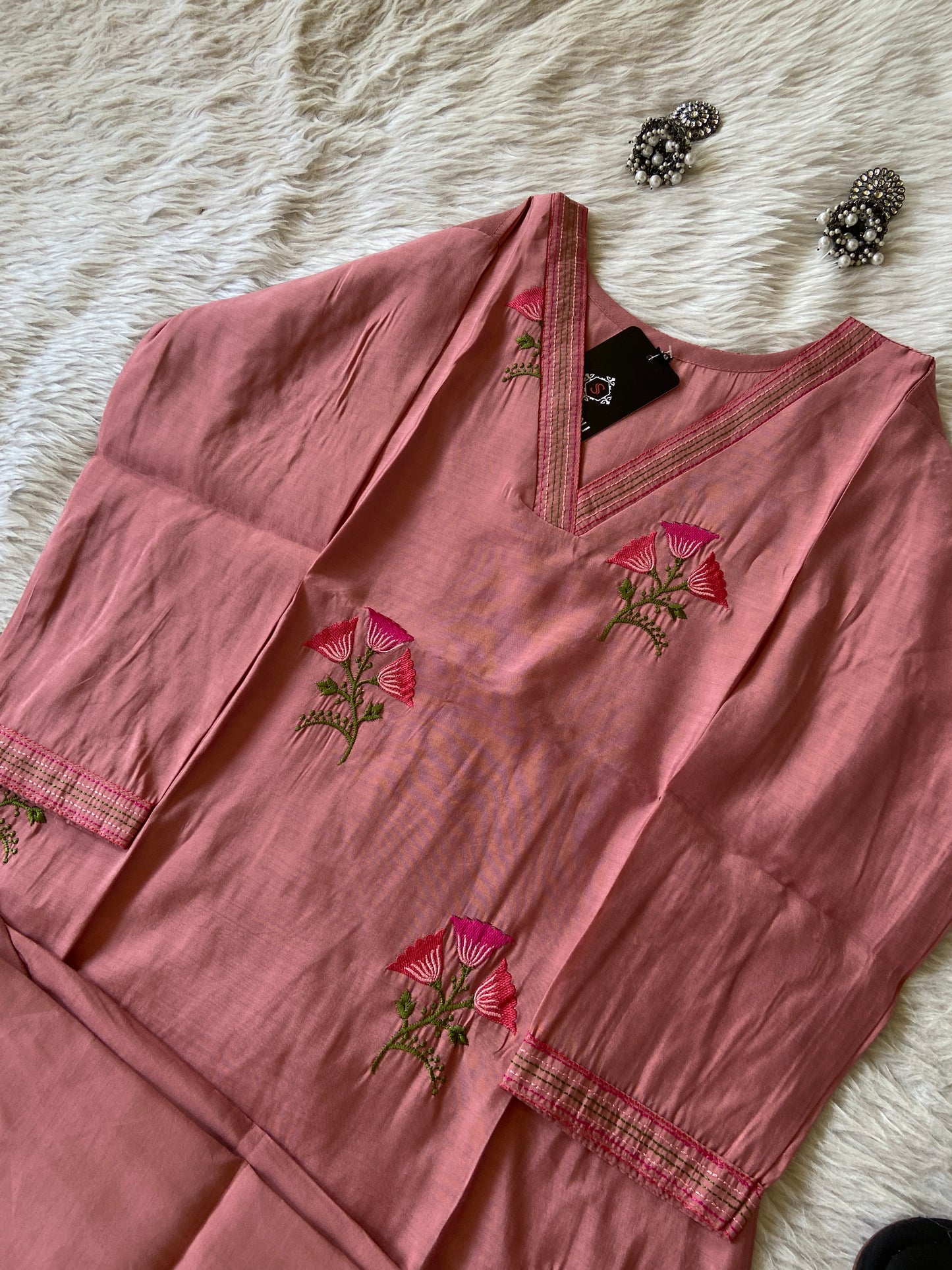 VNeck Silk Aline Kurti With Patching Palazzo, Silk Aline Kurti Sets For Women