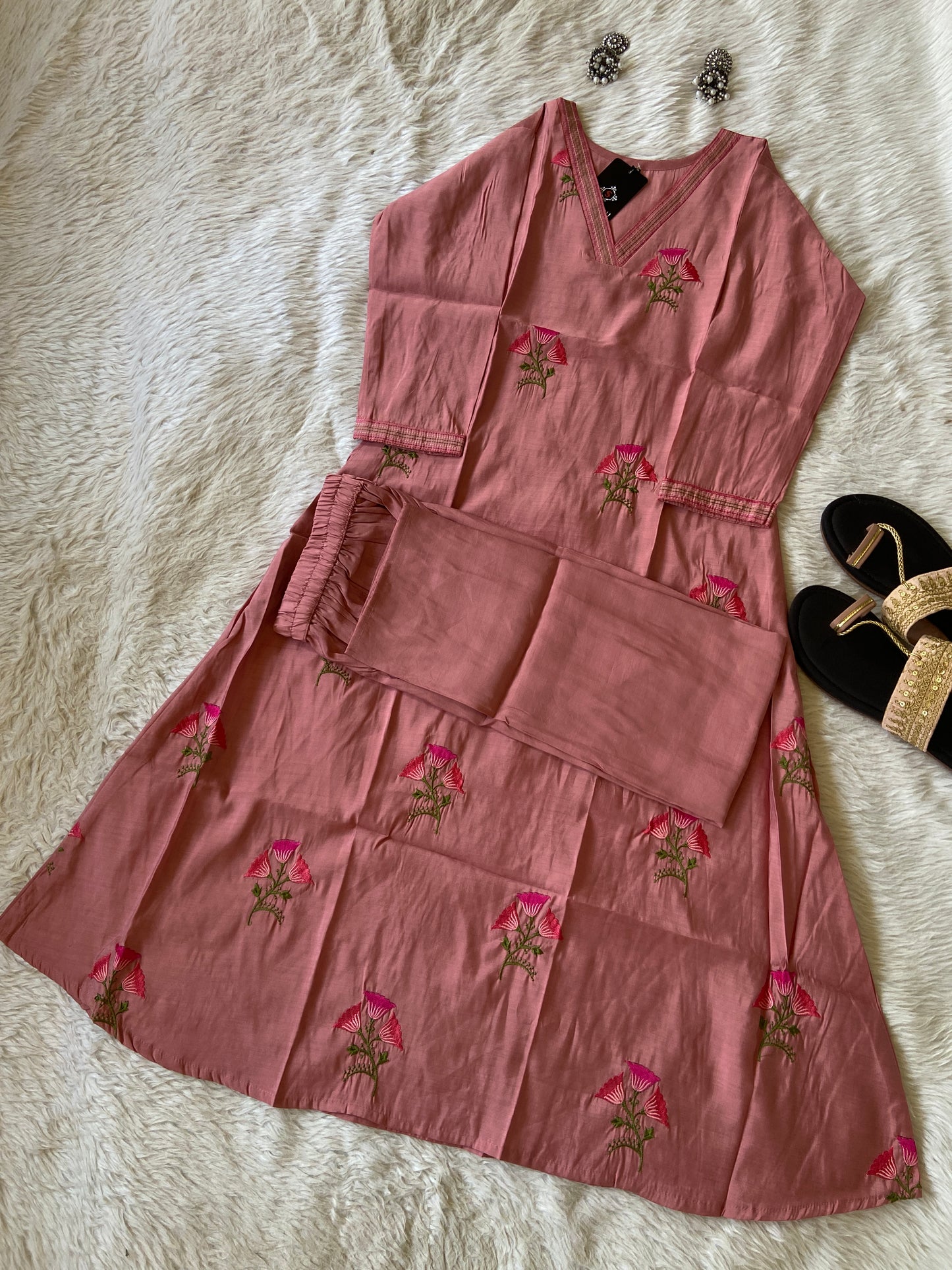 VNeck Silk Aline Kurti With Patching Palazzo, Silk Aline Kurti Sets For Women