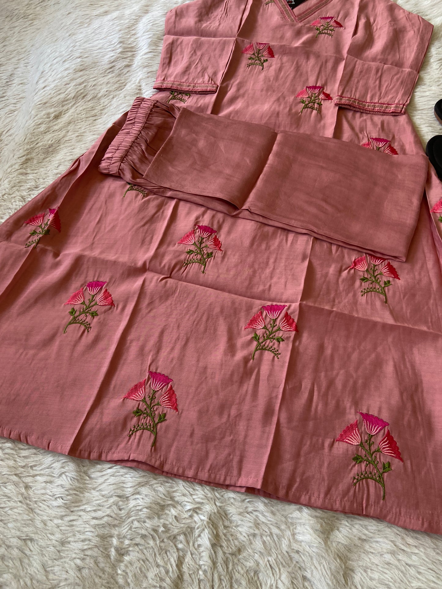 VNeck Silk Aline Kurti With Patching Palazzo, Silk Aline Kurti Sets For Women