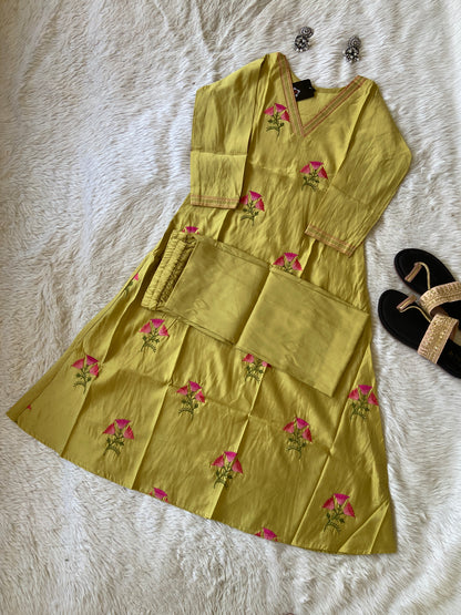 VNeck Silk Aline Kurti With Patching Palazzo, Silk Aline Kurti Sets For Women