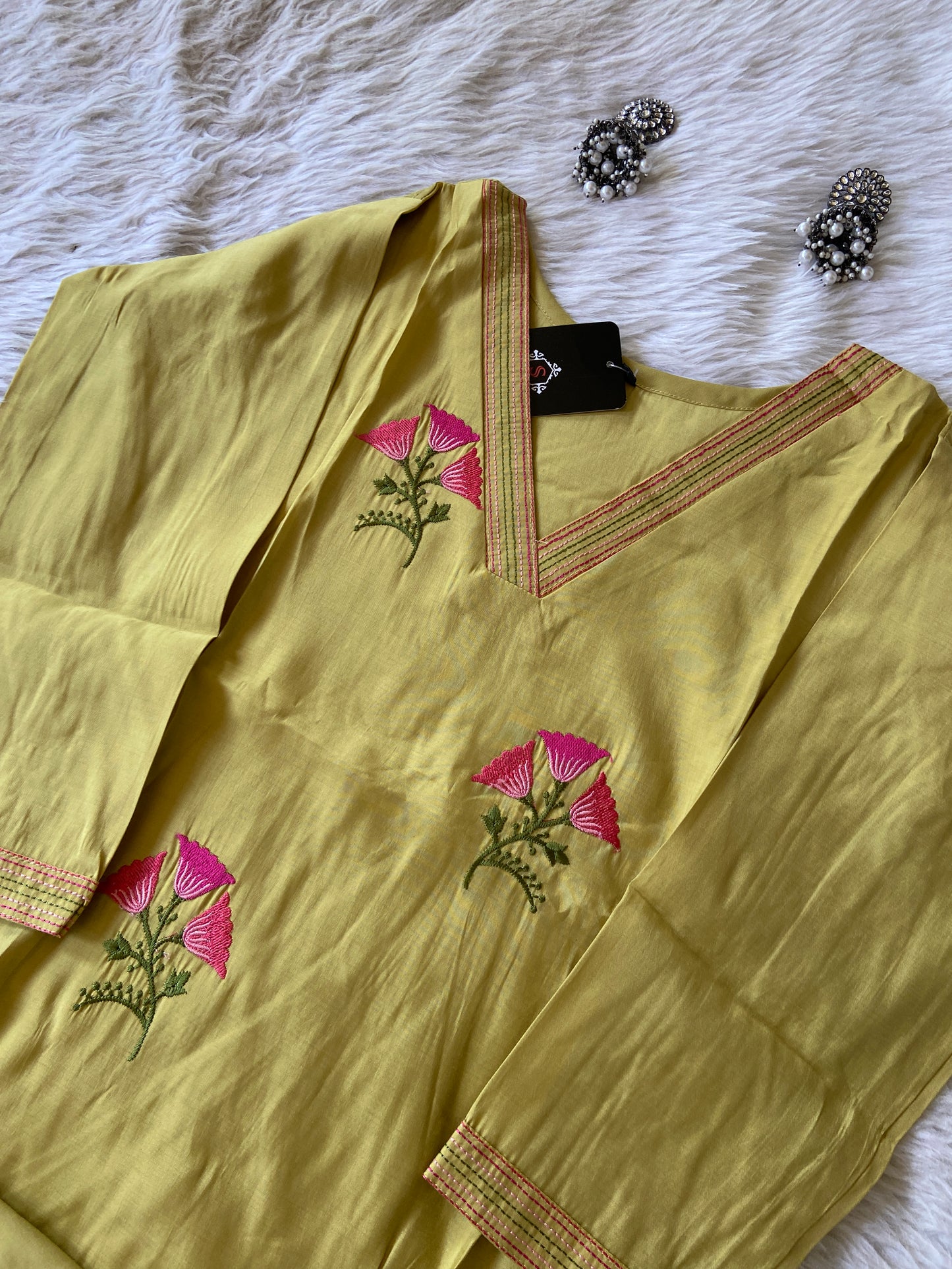 VNeck Silk Aline Kurti With Patching Palazzo, Silk Aline Kurti Sets For Women