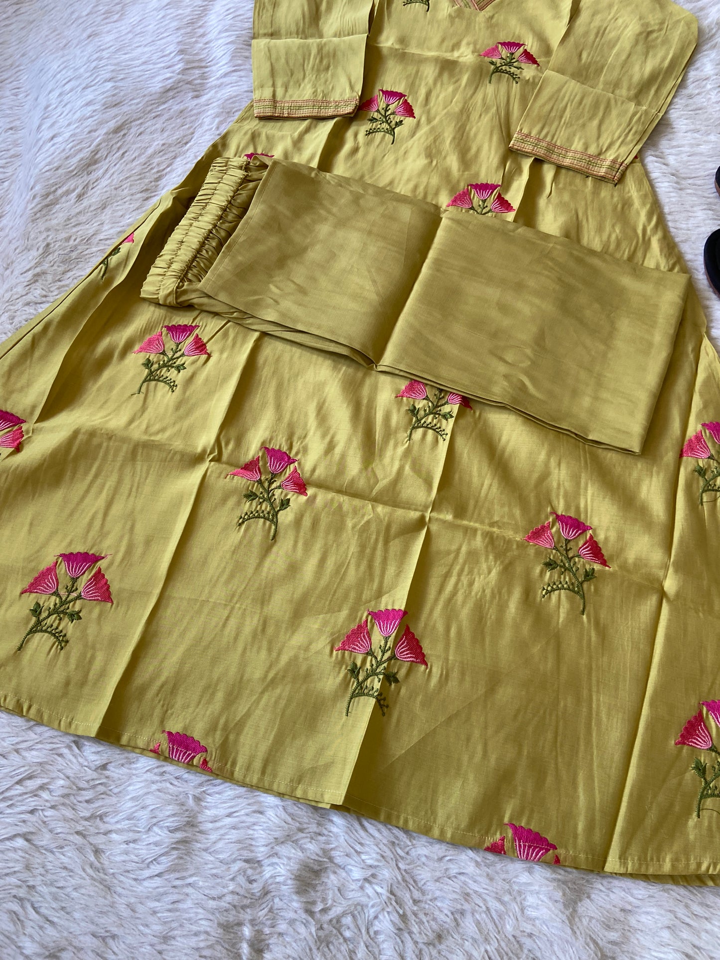 VNeck Silk Aline Kurti With Patching Palazzo, Silk Aline Kurti Sets For Women