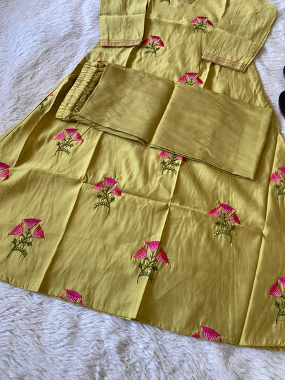 VNeck Silk Aline Kurti With Patching Palazzo, Silk Aline Kurti Sets For Women