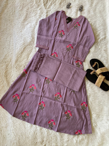 VNeck Silk Aline Kurti With Patching Palazzo, Silk Aline Kurti Sets For Women