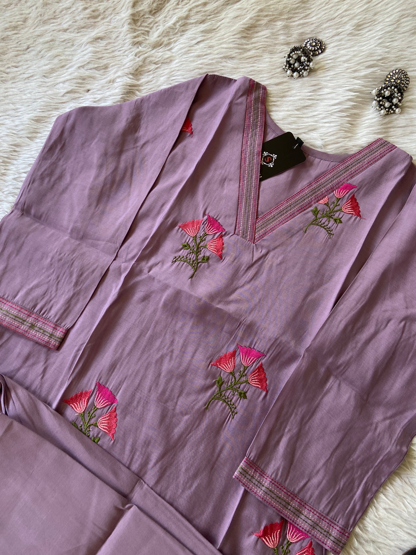 VNeck Silk Aline Kurti With Patching Palazzo, Silk Aline Kurti Sets For Women