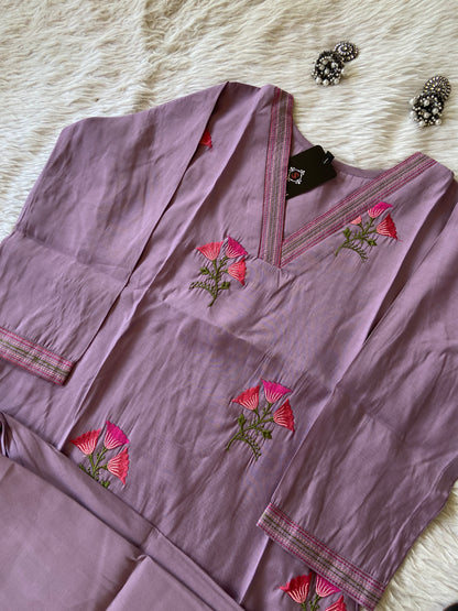 VNeck Silk Aline Kurti With Patching Palazzo, Silk Aline Kurti Sets For Women