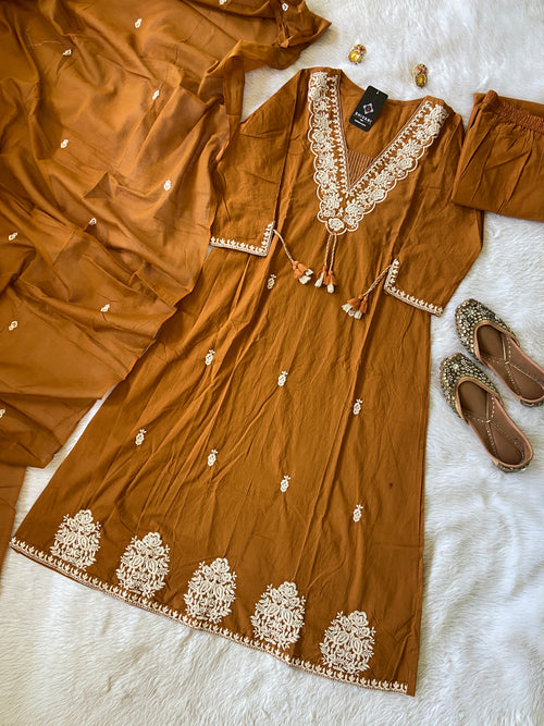 Beautiful Embroidery Work Kurti, With Matching Pant And Dupatta, Cotton Aline Kurti Suits For Women