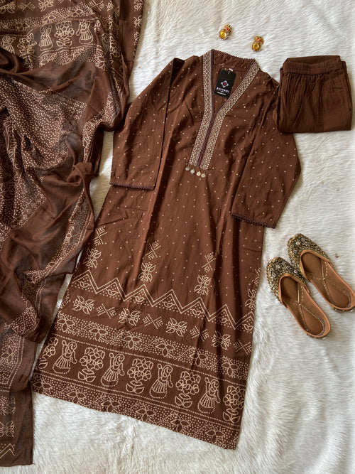 Vneck Style Straightcut Kurti With Matching Pant And Dupatta, Cotton Straightcut Suit Sets For Women