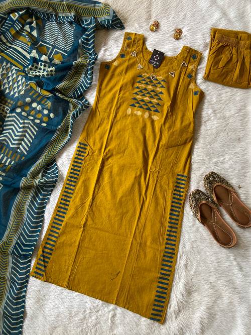 Cotton Straightcut Kurti With Matching Palazzo And Dupatta, Cotton Straightcut Suit Sets For Women