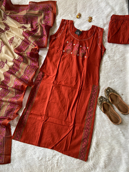 Cotton Straightcut Kurti With Matching Palazzo And Dupatta, Cotton Straightcut Suit Sets For Women