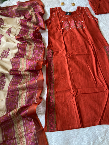 Cotton Straightcut Kurti With Matching Palazzo And Dupatta, Cotton Straightcut Suit Sets For Women