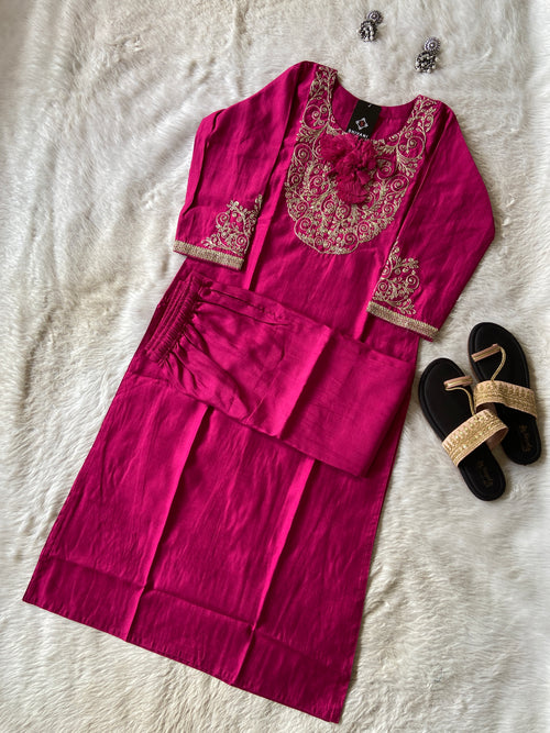 Heavy Golden Embroidery Work In Neck And Sleeve, With Matching Palazzo, Silk Straightcut Kurti Sets For Women