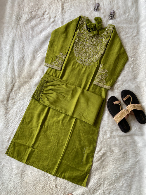 Heavy Golden Embroidery Work In Neck And Sleeve, With Matching Palazzo, Silk Straightcut Kurti Sets For Women