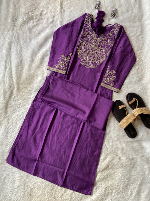 Heavy Golden Embroidery Work In Neck And Sleeve, With Matching Palazzo, Silk Straightcut Kurti Sets For Women