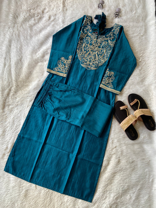 Heavy Golden Embroidery Work In Neck And Sleeve, With Matching Palazzo, Silk Straightcut Kurti Sets For Women