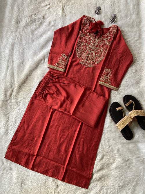 Heavy Golden Embroidery Work In Neck And Sleeve, With Matching Palazzo, Silk Straightcut Kurti Sets For Women