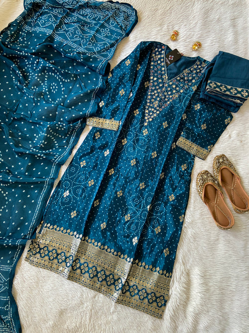 Mirror Work In Neck, Bandani/Bandhej Concept StraightCut Kurti Matching Palazzo And Dupatta. Crepe StraightCut Silk Suit Sets For Women