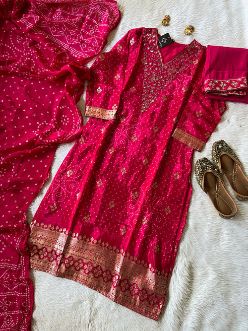 Mirror Work In Neck, Bandani/Bandhej Concept StraightCut Kurti Matching Palazzo And Dupatta. Crepe StraightCut Silk Suit Sets For Women