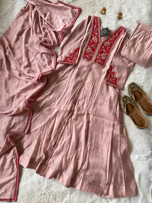 Premium Silk Suit With Beauty Ful Patchwork In Yoke With Matching Palazzo And Dupatta. Silk Aline Suit Sets For Women