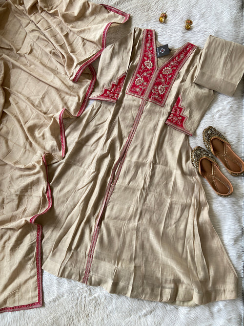 Premium Silk Suit With Beauty Ful Patchwork In Yoke With Matching Palazzo And Dupatta. Silk Aline Suit Sets For Women