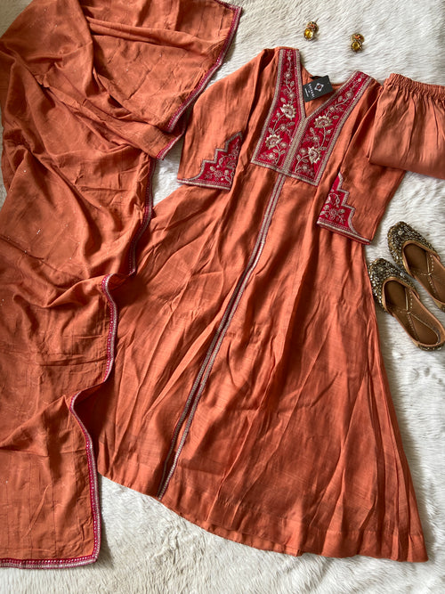 Premium Silk Suit With Beauty Ful Patchwork In Yoke With Matching Palazzo And Dupatta. Silk Aline Suit Sets For Women