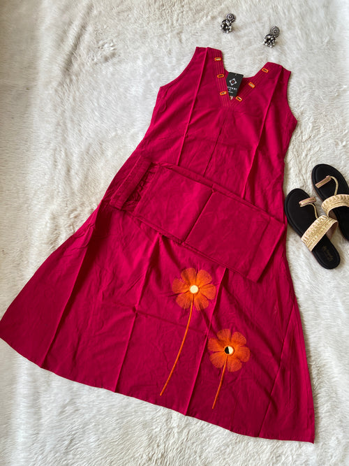 Sleeveless Cotton Aline Kurti With Attached 3/4th Sleeve, Mirror And Embroidery Work, Cotton Aline Kurti Sets For Women