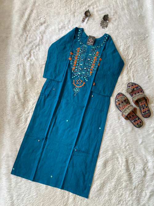 Cotton StraightCut Kurti With Real Handwork. Cotton Straight Kurti For Women