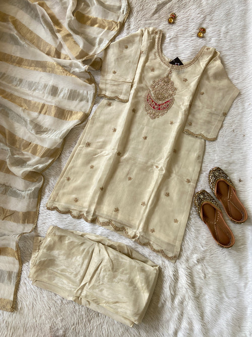 Premium Tissue Suit Set With Beautiful Handwork In Kurti With Matching Full Flair Palazzo And Dupatta, Silk Short Kurti Suit Sets For Women