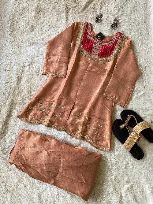 Premium Tissue Co-Ord Set With Beautiful Handwork In Kurti With Matching Full Flair Palazzo. Silk Co-Ord Sets For Women