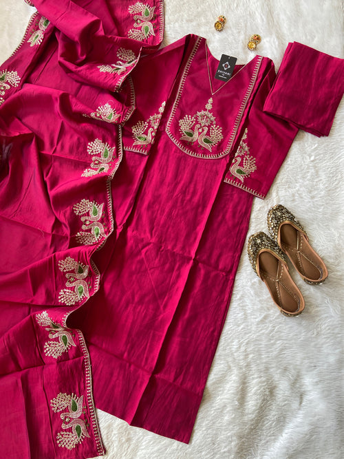 Roman Silk Straightcut Kurti With Matching Palazzo And Dupatta, Silk Straightcut Suit Sets For Women