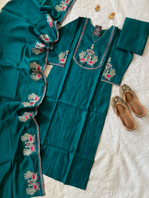 Roman Silk Straightcut Kurti With Matching Palazzo And Dupatta, Silk Straightcut Suit Sets For Women