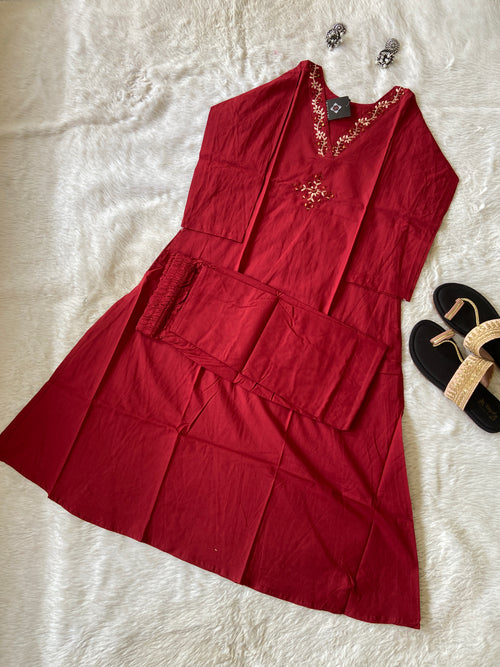 Mirror Work In VNeck With Plain Palazzo. Cotton Aline Kurti Sets For Women