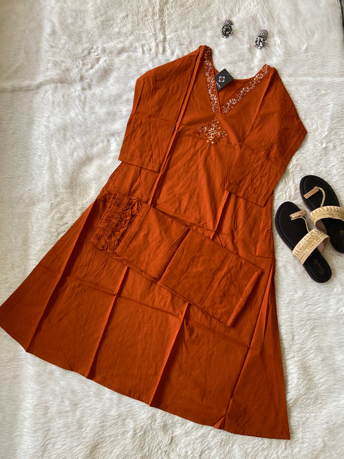 Mirror Work In VNeck With Plain Palazzo. Cotton Aline Kurti Sets For Women