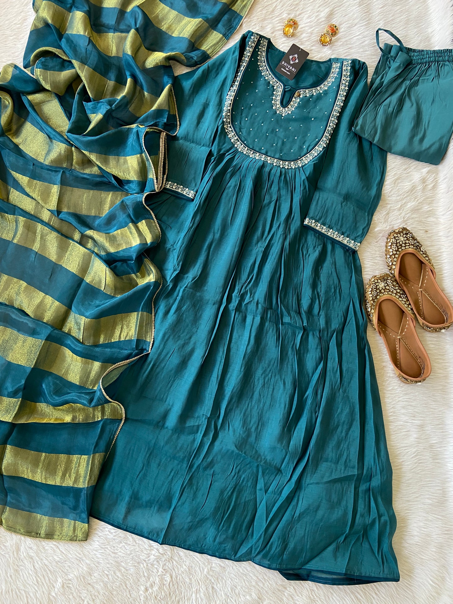 Beautiful Pearl Work In Neck And Sleeve With Matching Palazzo And Dupatta, Silk Suit Sets For Women