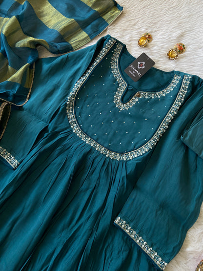 Beautiful Pearl Work In Neck And Sleeve With Matching Palazzo And Dupatta, Silk Suit Sets For Women