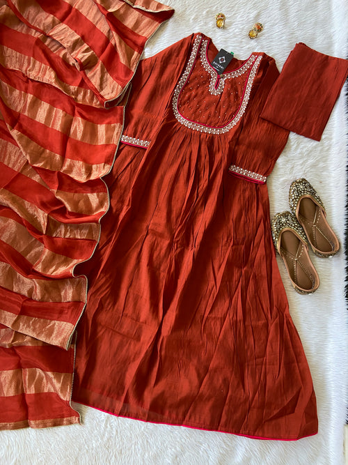 Beautiful Pearl Work In Neck And Sleeve With Matching Palazzo And Dupatta, Silk Suit Sets For Women