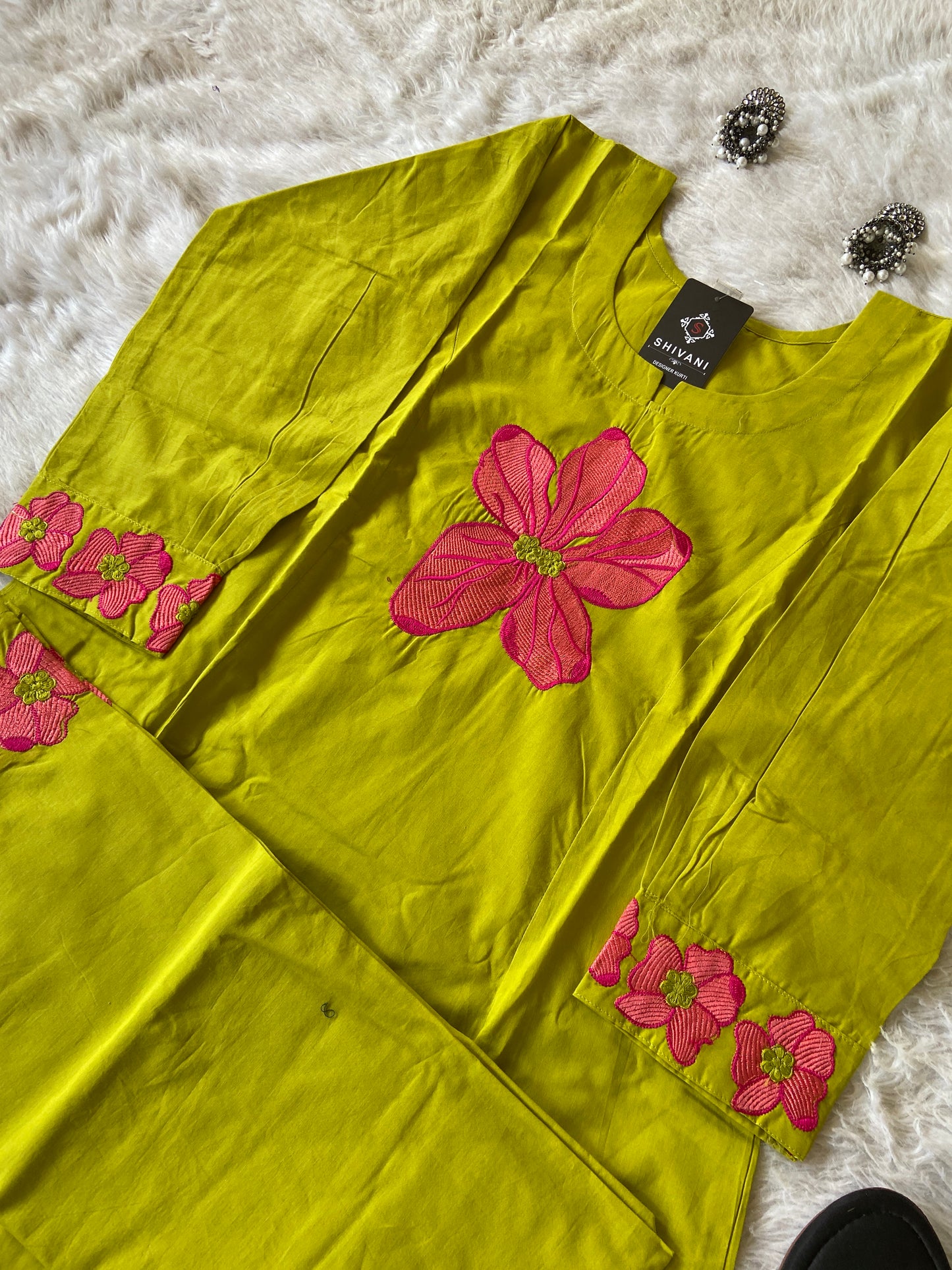 Flower Work In Sleeeve, Palazzo And Neck, Beautiful Aline Kurti With Plain Palazzo. Cotton Aline Kurti Sets For Women