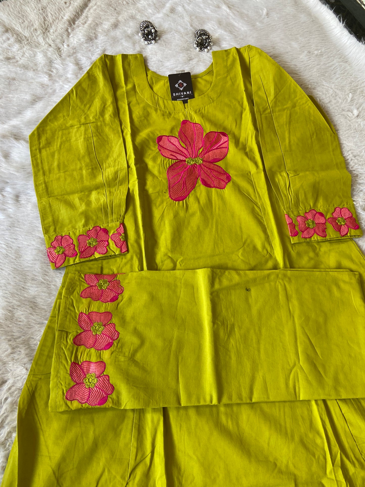 Flower Work In Sleeeve, Palazzo And Neck, Beautiful Aline Kurti With Plain Palazzo. Cotton Aline Kurti Sets For Women