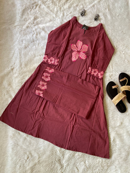 Flower Work In Sleeeve, Palazzo And Neck, Beautiful Aline Kurti With Plain Palazzo. Cotton Aline Kurti Sets For Women