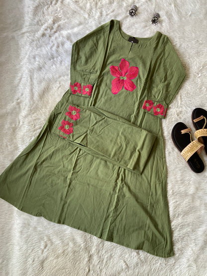 Flower Work In Sleeeve, Palazzo And Neck, Beautiful Aline Kurti With Plain Palazzo. Cotton Aline Kurti Sets For Women