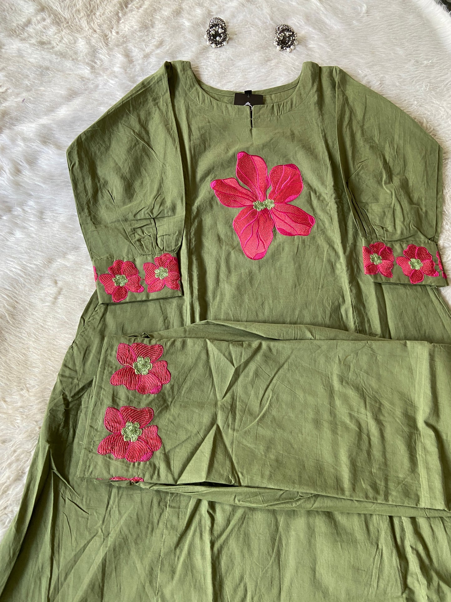 Flower Work In Sleeeve, Palazzo And Neck, Beautiful Aline Kurti With Plain Palazzo. Cotton Aline Kurti Sets For Women