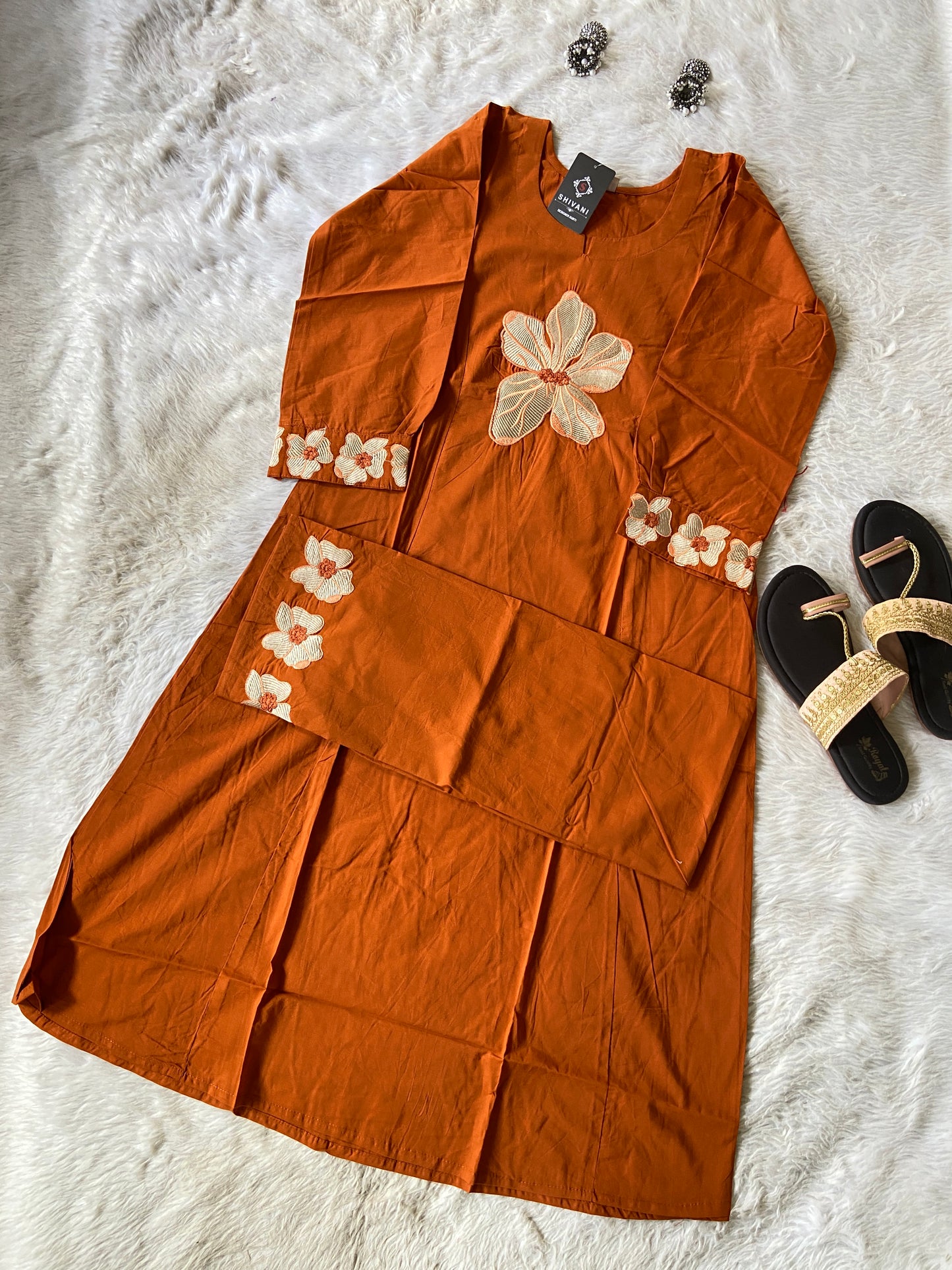 Flower Work In Sleeeve, Palazzo And Neck, Beautiful Aline Kurti With Plain Palazzo. Cotton Aline Kurti Sets For Women